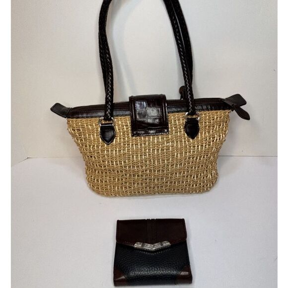Brighton Wicker Straw Leather Shoulder Bag & Pebbled Leather Wallet Bundle - Picture 2 of 10